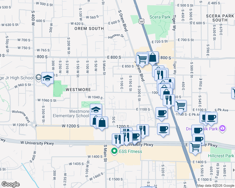 map of restaurants, bars, coffee shops, grocery stores, and more near 1055 South 80 East in Orem