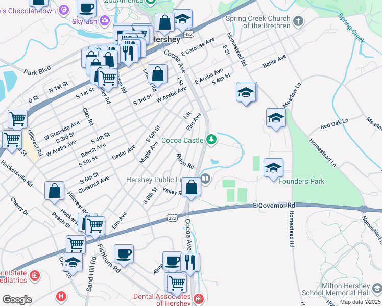 map of restaurants, bars, coffee shops, grocery stores, and more near 649 Linden Road in Hershey