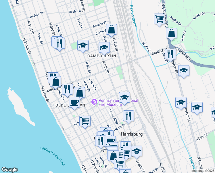 map of restaurants, bars, coffee shops, grocery stores, and more near 515 Muench Street in Harrisburg