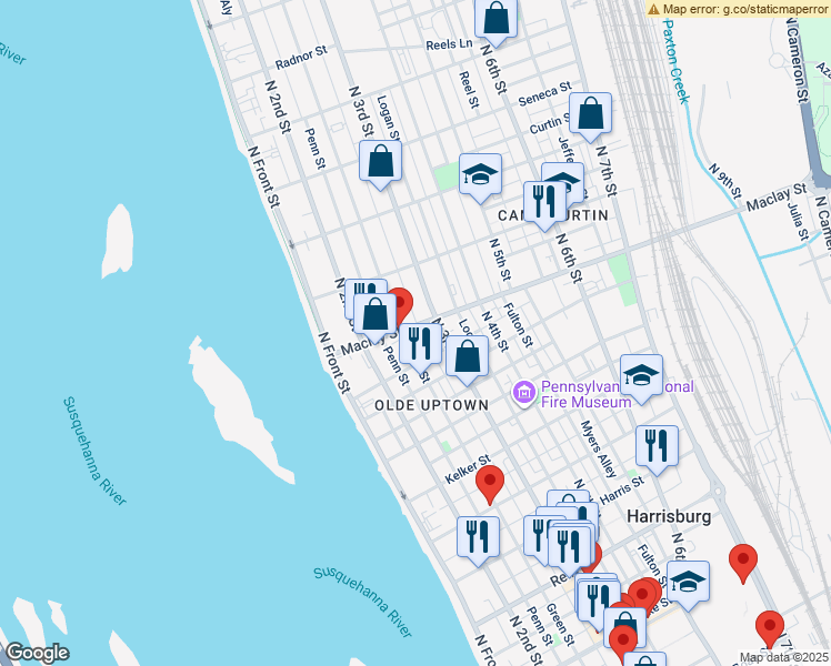 map of restaurants, bars, coffee shops, grocery stores, and more near 2024 Susquehanna Street in Harrisburg