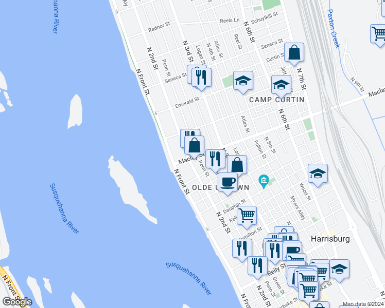 map of restaurants, bars, coffee shops, grocery stores, and more near 2051 Penn Street in Harrisburg