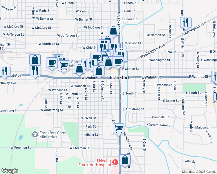 map of restaurants, bars, coffee shops, grocery stores, and more near 52 West South Street in Frankfort