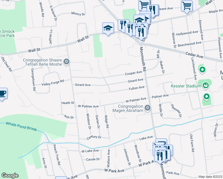 map of restaurants, bars, coffee shops, grocery stores, and more near 64 Fulton Avenue in West Long Branch