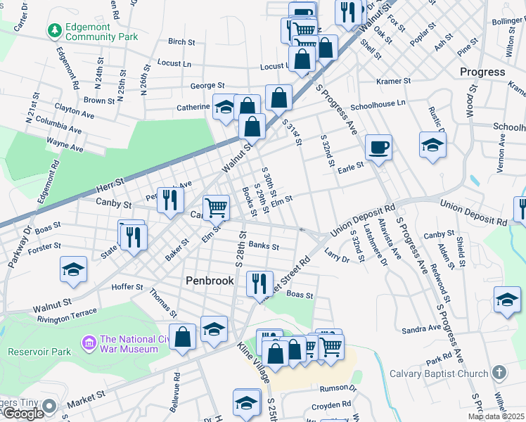 map of restaurants, bars, coffee shops, grocery stores, and more near 301 South 29th Street in Harrisburg