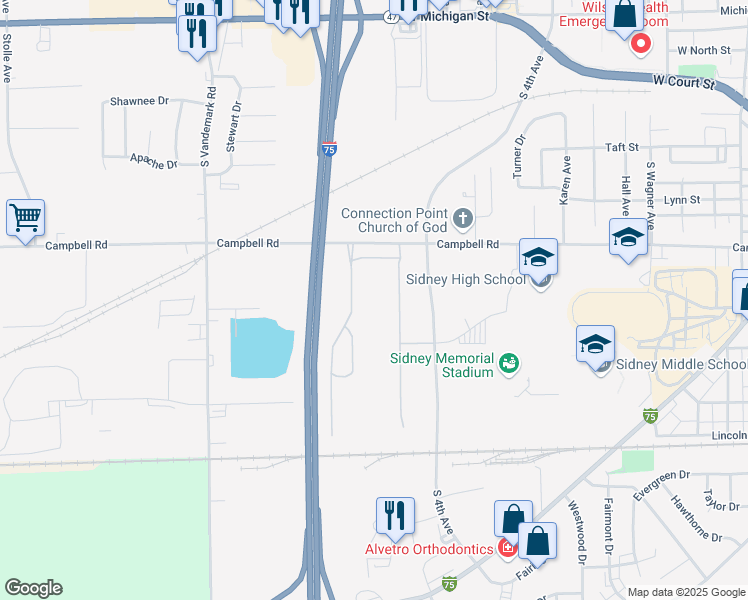 map of restaurants, bars, coffee shops, grocery stores, and more near 1675 Campbell Road in Sidney