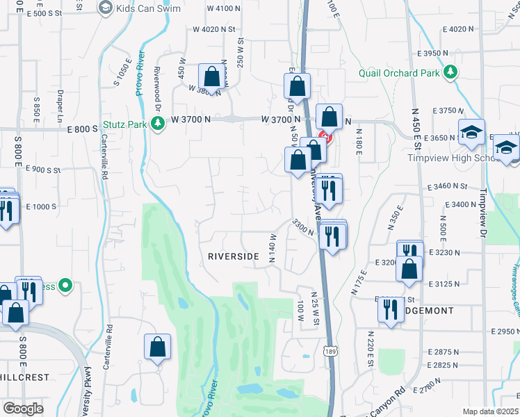map of restaurants, bars, coffee shops, grocery stores, and more near 150 Woodside Drive in Provo