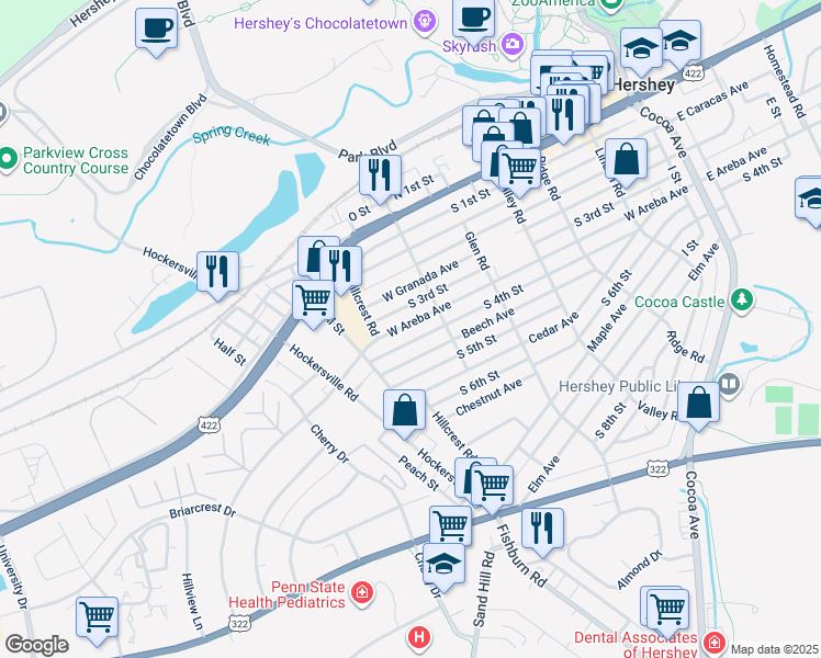 map of restaurants, bars, coffee shops, grocery stores, and more near 534 West Areba Avenue in Hershey