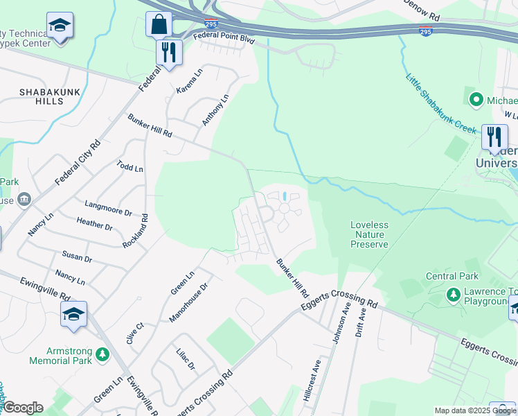 map of restaurants, bars, coffee shops, grocery stores, and more near 1003 Stewarts Crossing Way in Lawrence Township