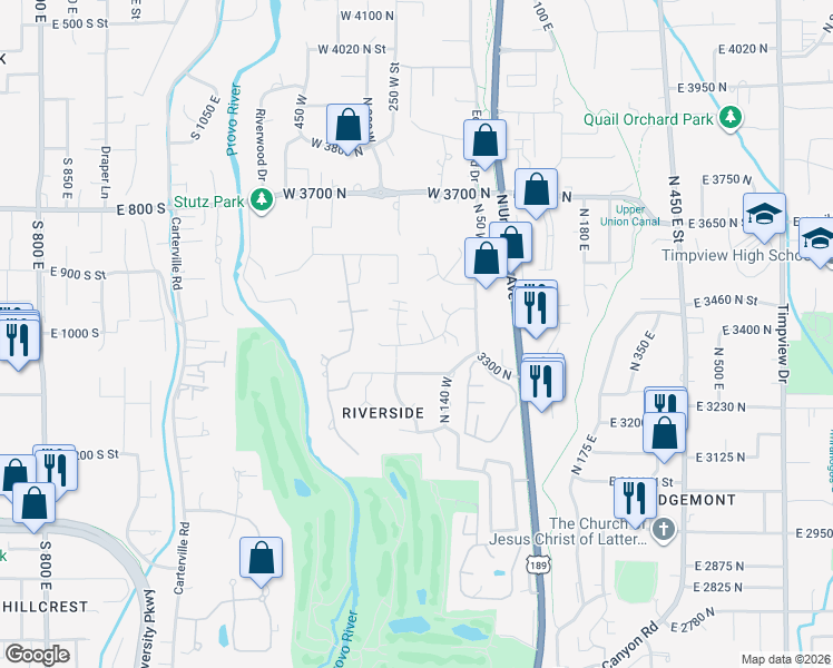 map of restaurants, bars, coffee shops, grocery stores, and more near 158 Woodside Drive in Provo