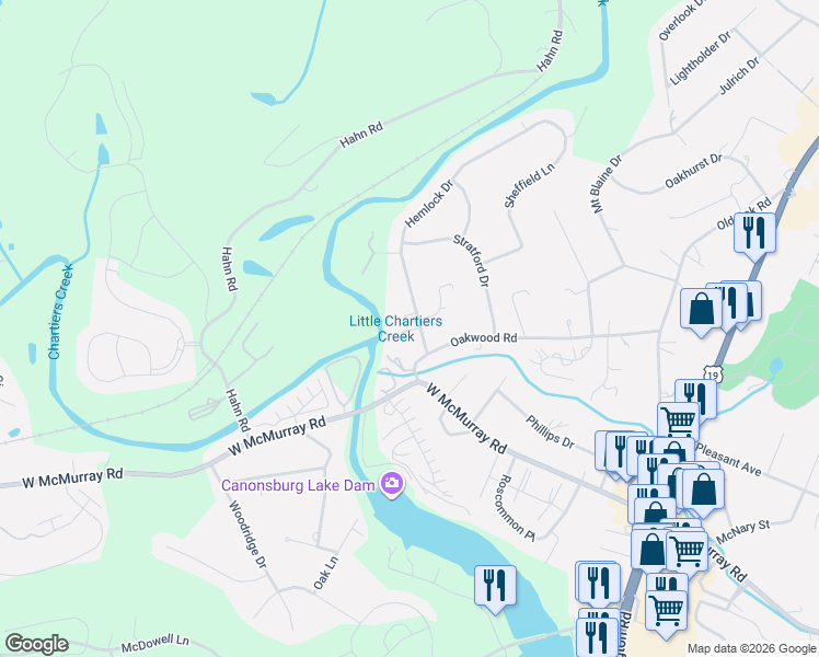 map of restaurants, bars, coffee shops, grocery stores, and more near 160-198 Oakwood Road in Canonsburg