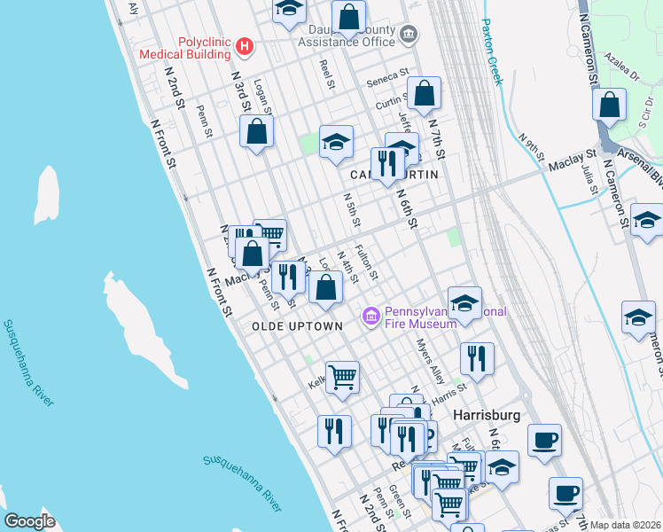 map of restaurants, bars, coffee shops, grocery stores, and more near 2001 North 3rd Street in Harrisburg