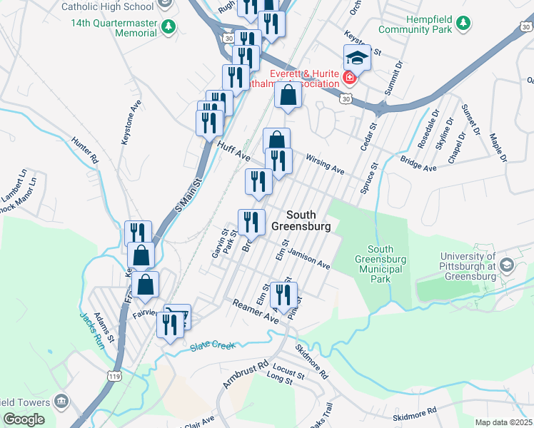 map of restaurants, bars, coffee shops, grocery stores, and more near 1428 Poplar Street in Greensburg
