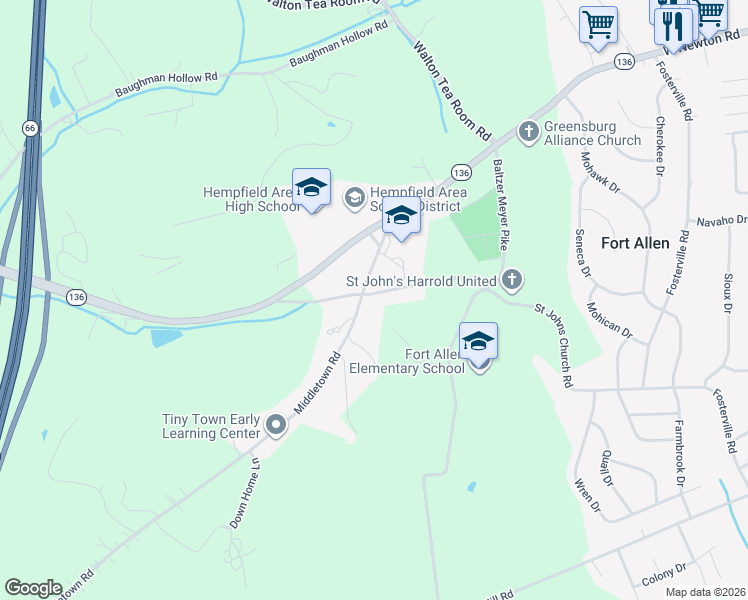 map of restaurants, bars, coffee shops, grocery stores, and more near 1334 Middletown Road in Greensburg