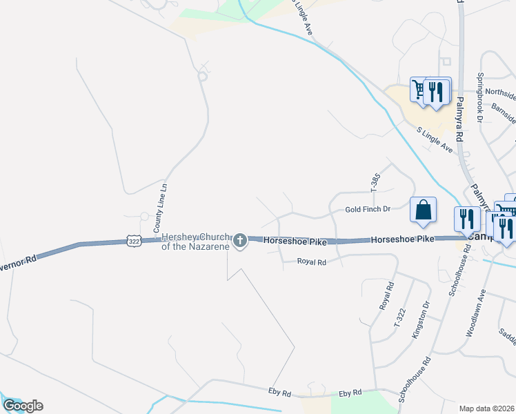 map of restaurants, bars, coffee shops, grocery stores, and more near 103 North Larkspur Drive in Palmyra