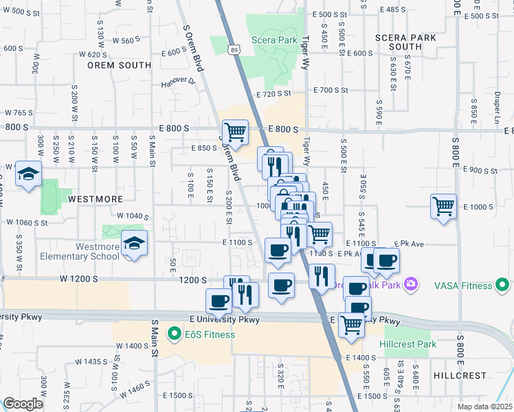 map of restaurants, bars, coffee shops, grocery stores, and more near 274 East 1000 South Street in Orem