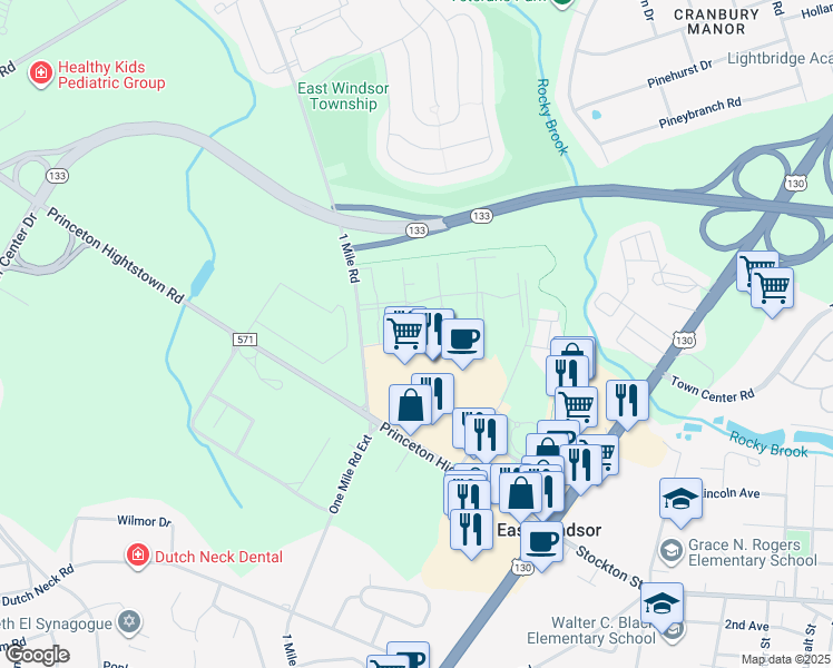 map of restaurants, bars, coffee shops, grocery stores, and more near 113 The Orchards in East Windsor