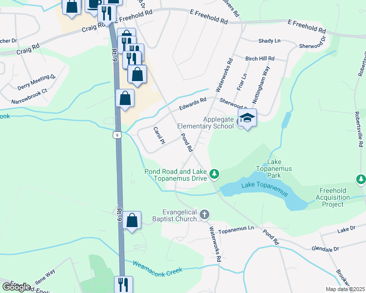 map of restaurants, bars, coffee shops, grocery stores, and more near 170 Waterworks Road in Freehold