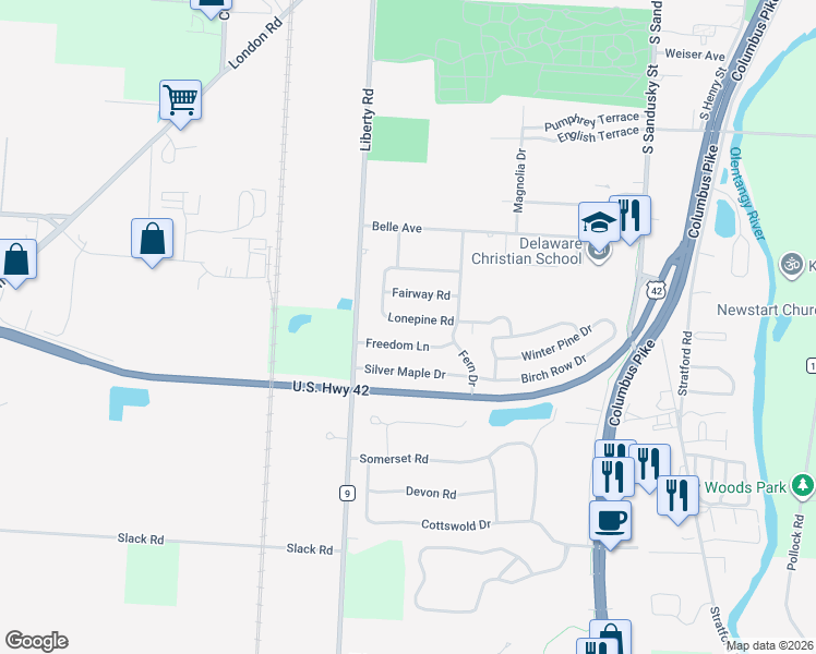 map of restaurants, bars, coffee shops, grocery stores, and more near 261 Freedom Lane in Delaware