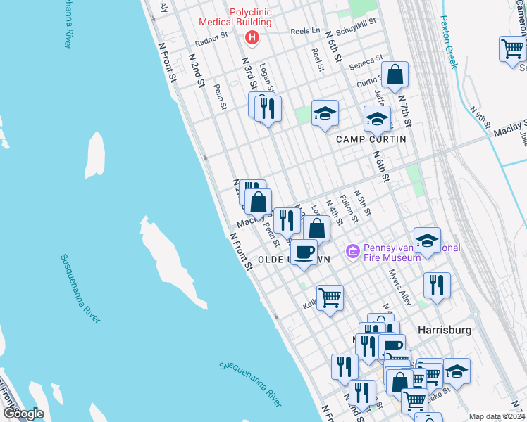 map of restaurants, bars, coffee shops, grocery stores, and more near 2105 Penn Street in Harrisburg