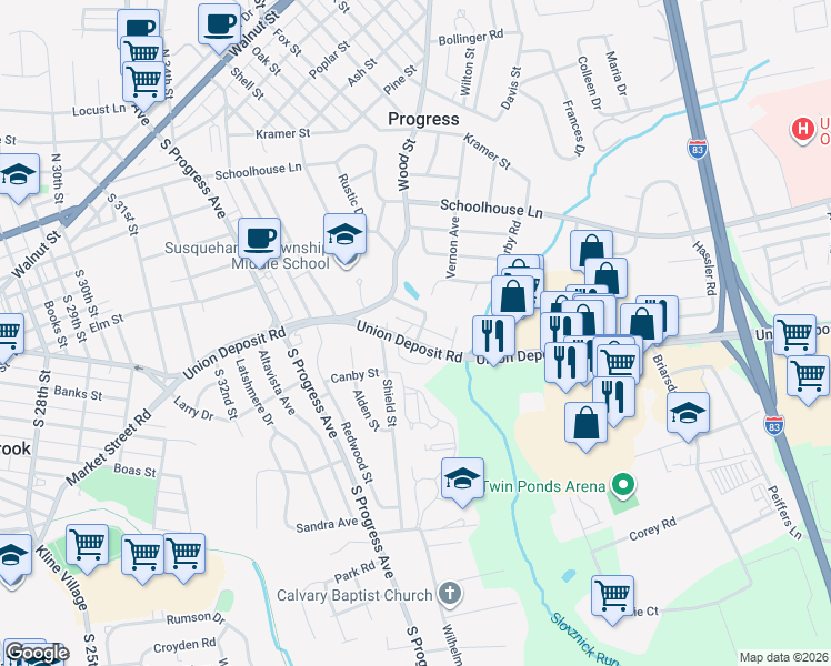 map of restaurants, bars, coffee shops, grocery stores, and more near 3506 High Street in Harrisburg