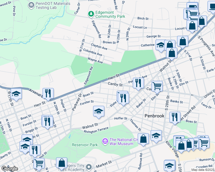 map of restaurants, bars, coffee shops, grocery stores, and more near 2323 Canby Street in Harrisburg