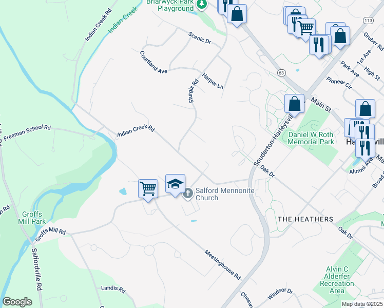 map of restaurants, bars, coffee shops, grocery stores, and more near 491 Indian Creek Road in Harleysville