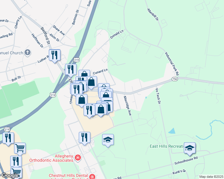 map of restaurants, bars, coffee shops, grocery stores, and more near 3263 Elton Road in Johnstown