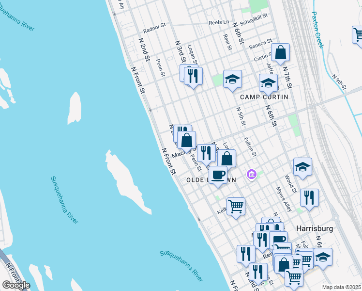 map of restaurants, bars, coffee shops, grocery stores, and more near 2113 North 2nd Street in Harrisburg