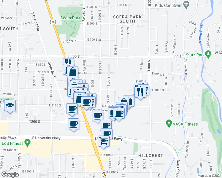 map of restaurants, bars, coffee shops, grocery stores, and more near 960 South 550 East in Orem