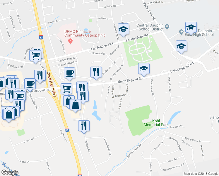 map of restaurants, bars, coffee shops, grocery stores, and more near 1085 Acri Drive in Harrisburg