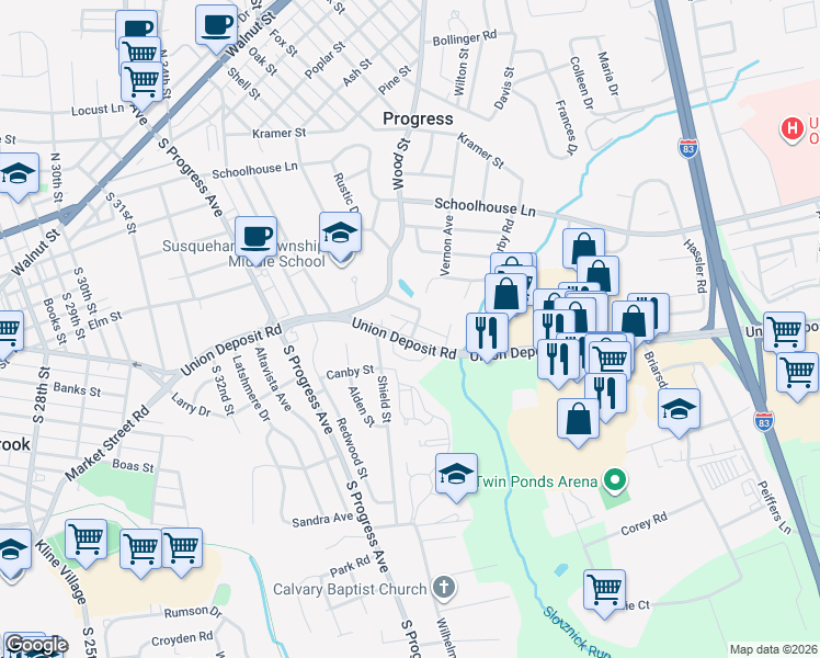 map of restaurants, bars, coffee shops, grocery stores, and more near 3506 High Street in Harrisburg