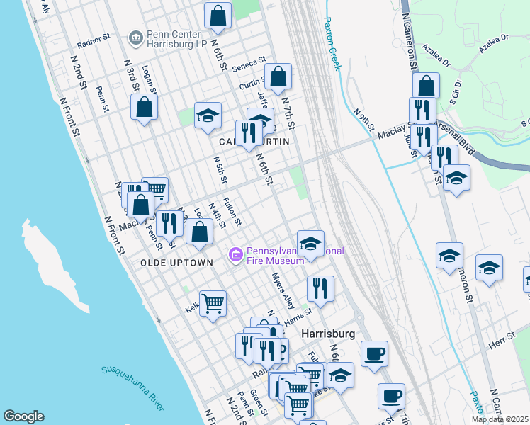 map of restaurants, bars, coffee shops, grocery stores, and more near 1945 North 6th Street in Harrisburg