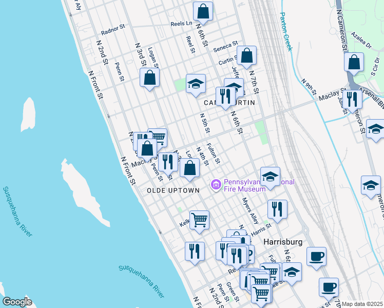 map of restaurants, bars, coffee shops, grocery stores, and more near in Harrisburg