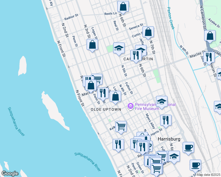 map of restaurants, bars, coffee shops, grocery stores, and more near in Harrisburg