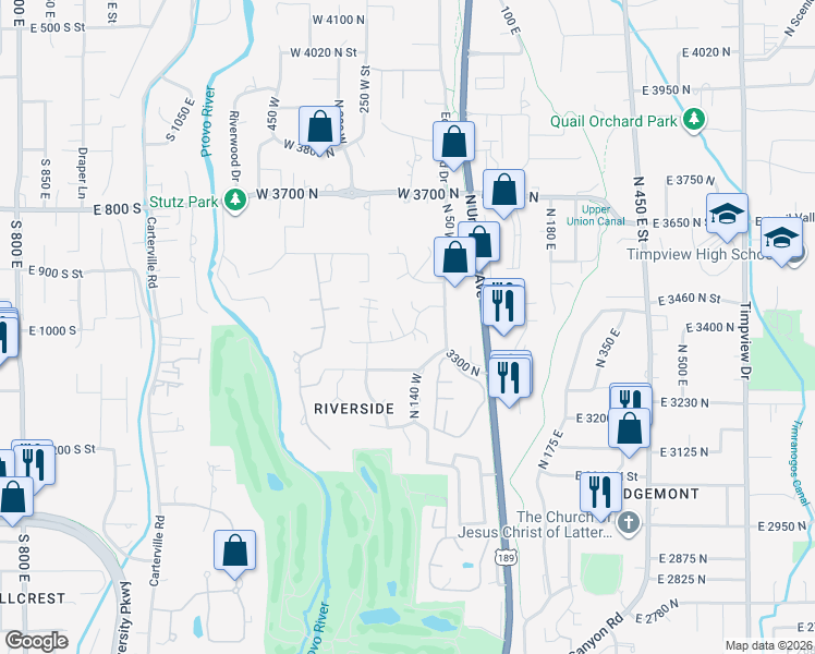 map of restaurants, bars, coffee shops, grocery stores, and more near 126 Woodside Drive in Provo