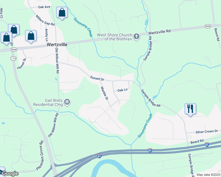 map of restaurants, bars, coffee shops, grocery stores, and more near 6 White Birch Avenue in Mechanicsburg