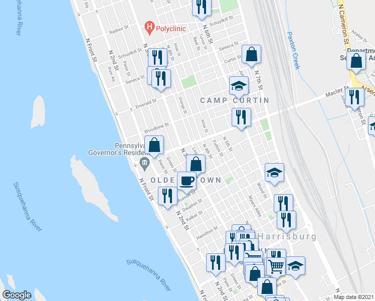 map of restaurants, bars, coffee shops, grocery stores, and more near 2011 North 3rd Street in Harrisburg