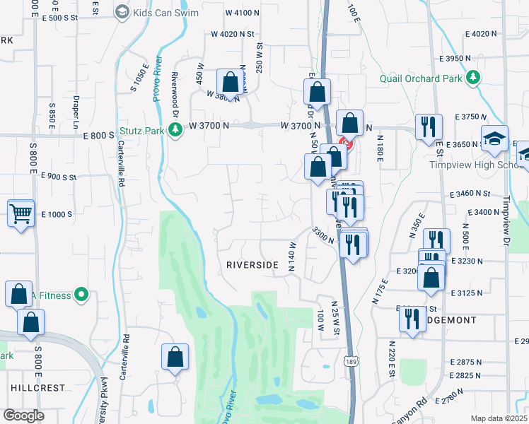 map of restaurants, bars, coffee shops, grocery stores, and more near 3430 Brookside Drive in Provo