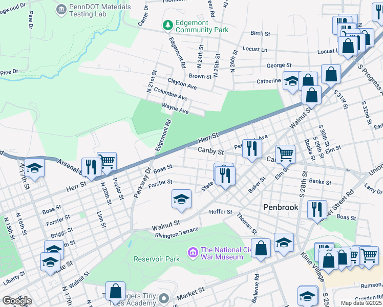 map of restaurants, bars, coffee shops, grocery stores, and more near 2317 Canby Street in Harrisburg