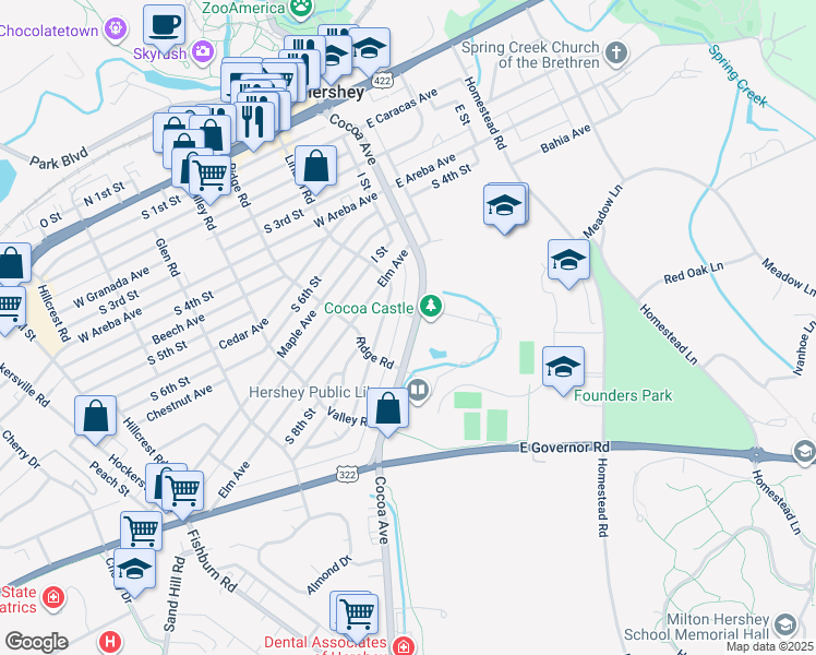 map of restaurants, bars, coffee shops, grocery stores, and more near 612 Cocoa Avenue in Hershey