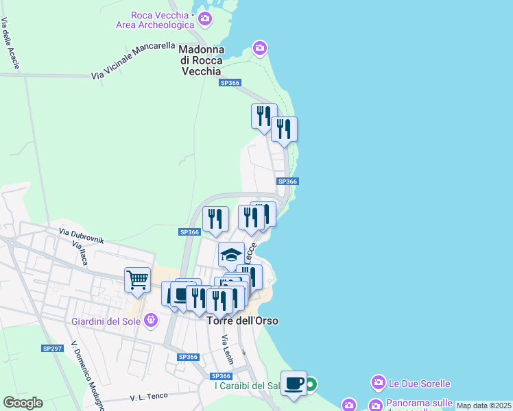map of restaurants, bars, coffee shops, grocery stores, and more near 53 Via Giacomo Brodolini in Torre dell'Orso