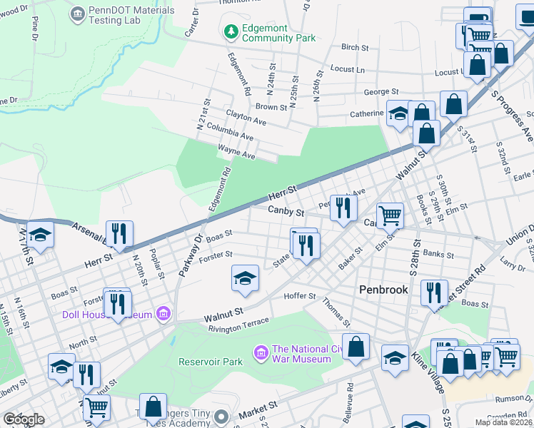 map of restaurants, bars, coffee shops, grocery stores, and more near 2301 Herr Street in Harrisburg