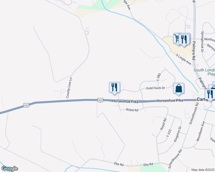 map of restaurants, bars, coffee shops, grocery stores, and more near 121 North Larkspur Drive in Palmyra