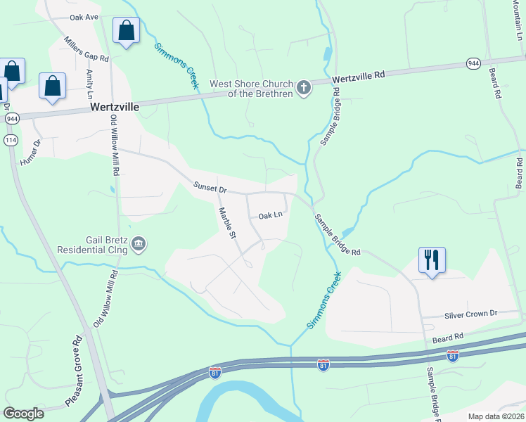 map of restaurants, bars, coffee shops, grocery stores, and more near 1 White Birch Avenue in Mechanicsburg