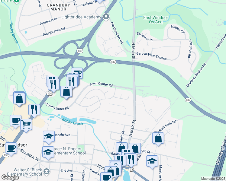 map of restaurants, bars, coffee shops, grocery stores, and more near 4 Sandstone Road in East Windsor
