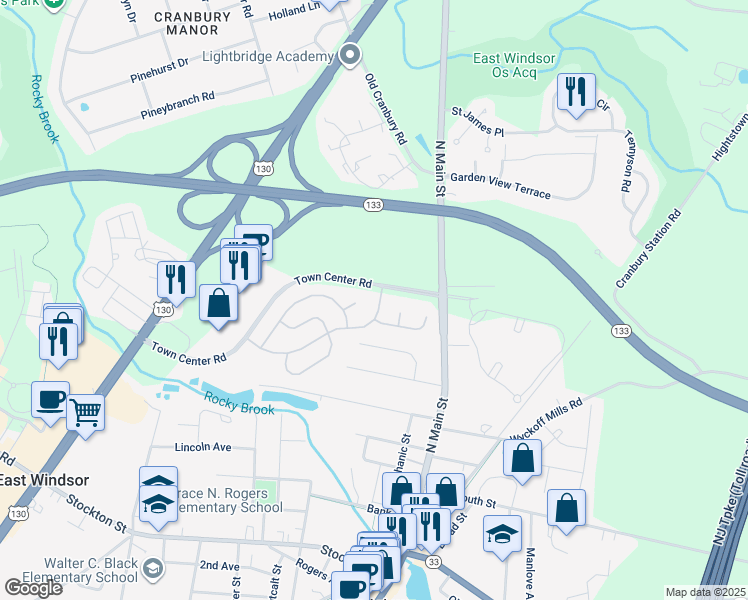 map of restaurants, bars, coffee shops, grocery stores, and more near 4 Sandstone Road in East Windsor