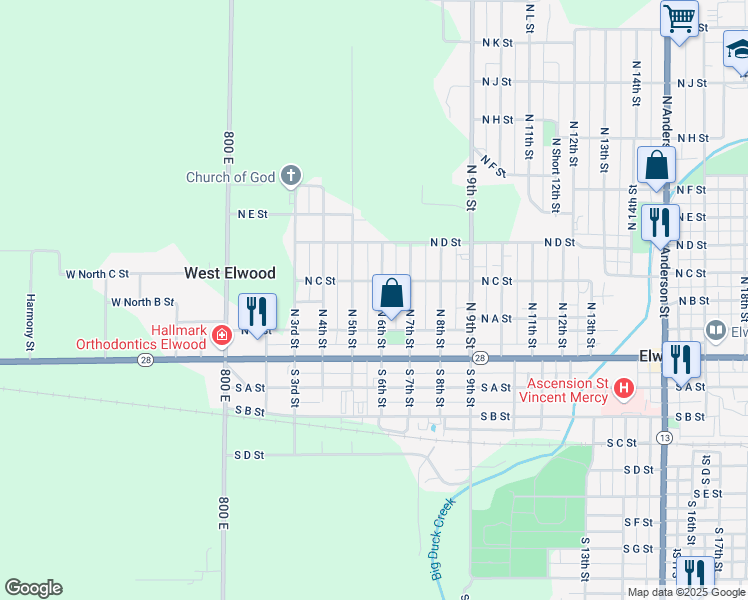 map of restaurants, bars, coffee shops, grocery stores, and more near 245 North 6th Street in Elwood