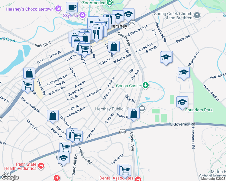 map of restaurants, bars, coffee shops, grocery stores, and more near 224 Maple Avenue in Hershey