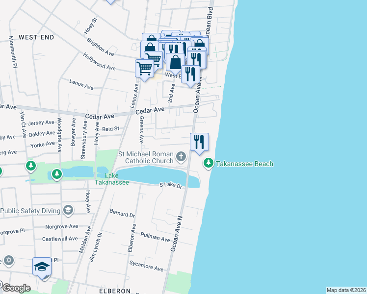 map of restaurants, bars, coffee shops, grocery stores, and more near 752 North Ocean Avenue in Long Branch