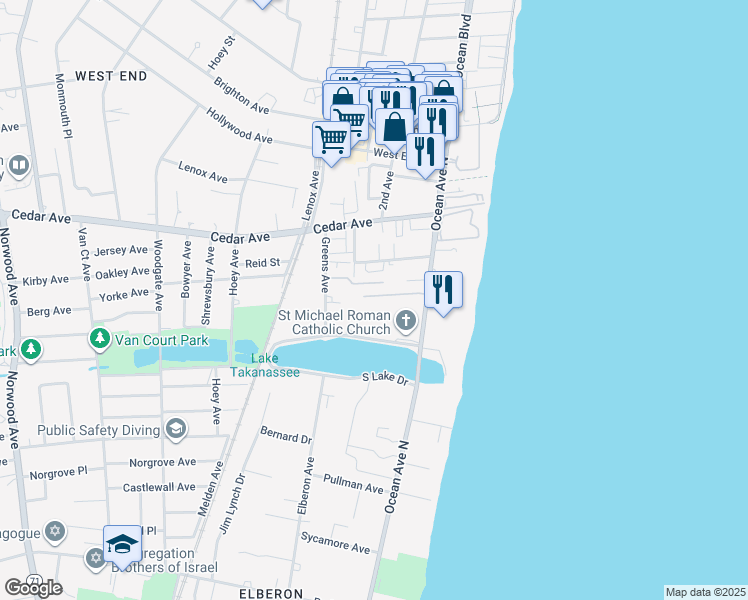 map of restaurants, bars, coffee shops, grocery stores, and more near 735 Greens Avenue in Long Branch